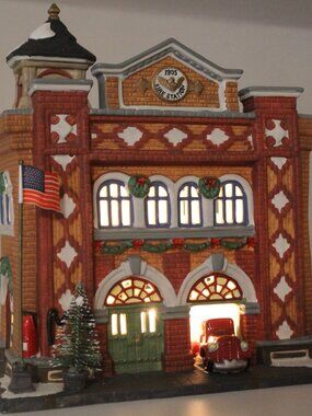 Vintage Heartland Valley Village Christmas Fire Station Lighted Porcelain House